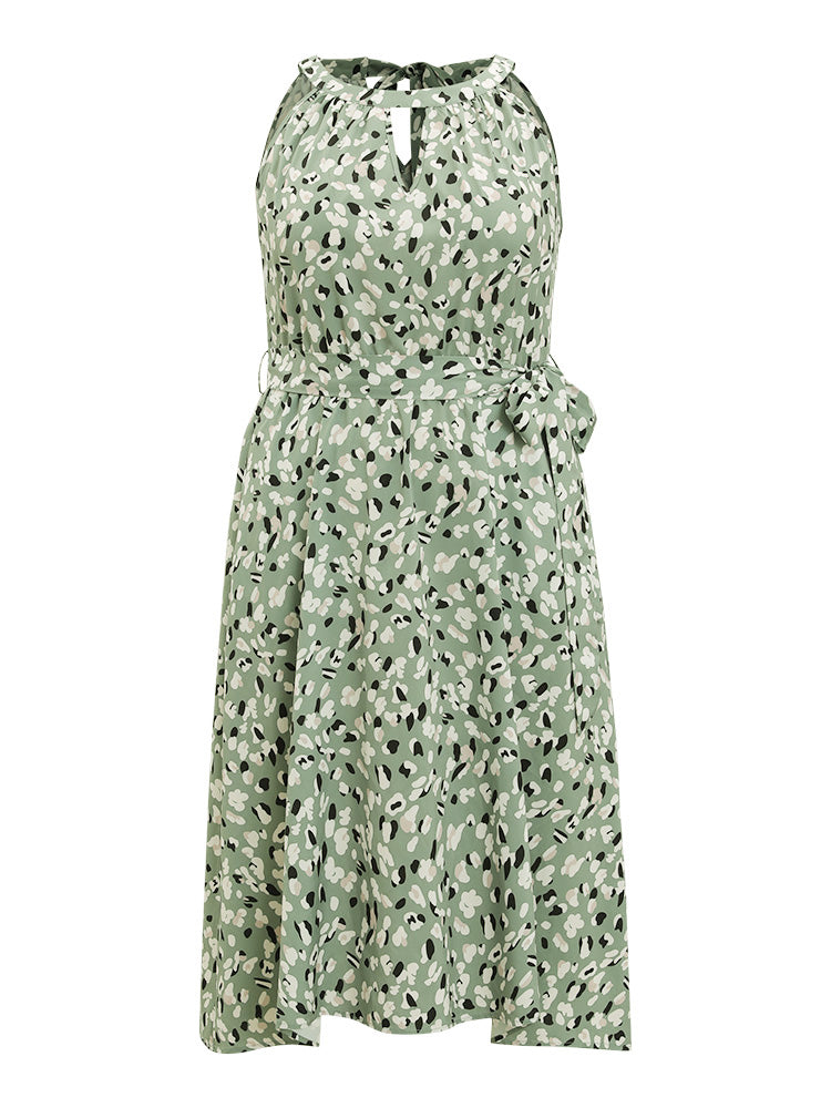 Allover Print Halter Keyhole Pocket Belted Ties Dress