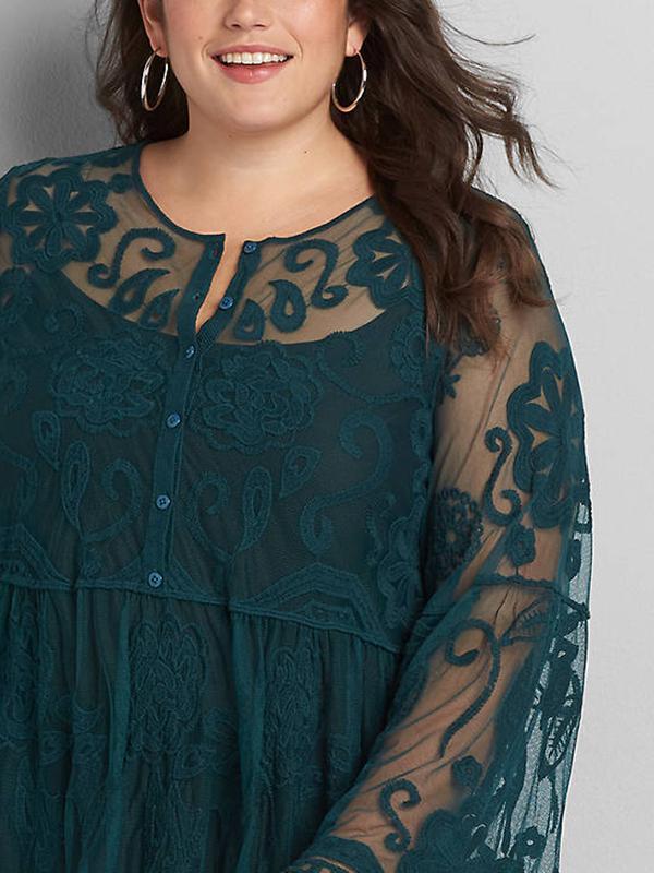 Lace Patchwork Henley Collar Blouse