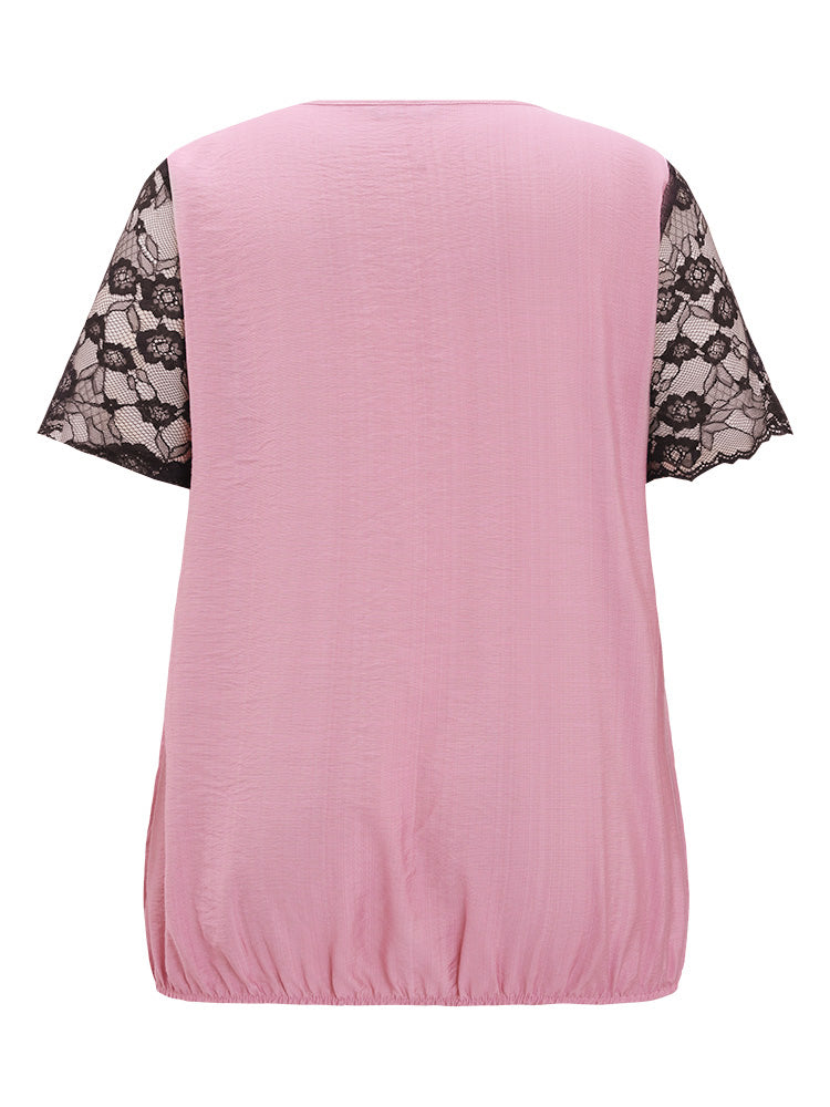 Plain Lace Patchwork Wrap Blouse