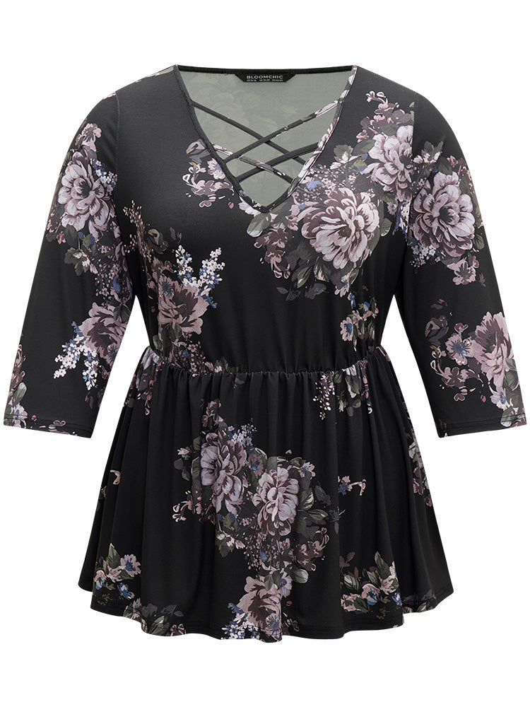 Floral Print Crisscross Neck Elastic Waist T-shirt