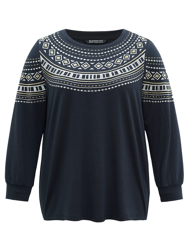 Bandana Embroidered Crew Neck Elastic Cuffs Sweatshirt