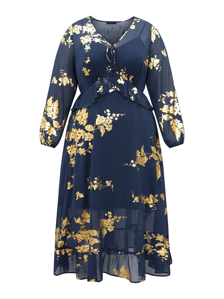 Silhouette Floral Print Ruffles Ties Mesh Gathered Dress