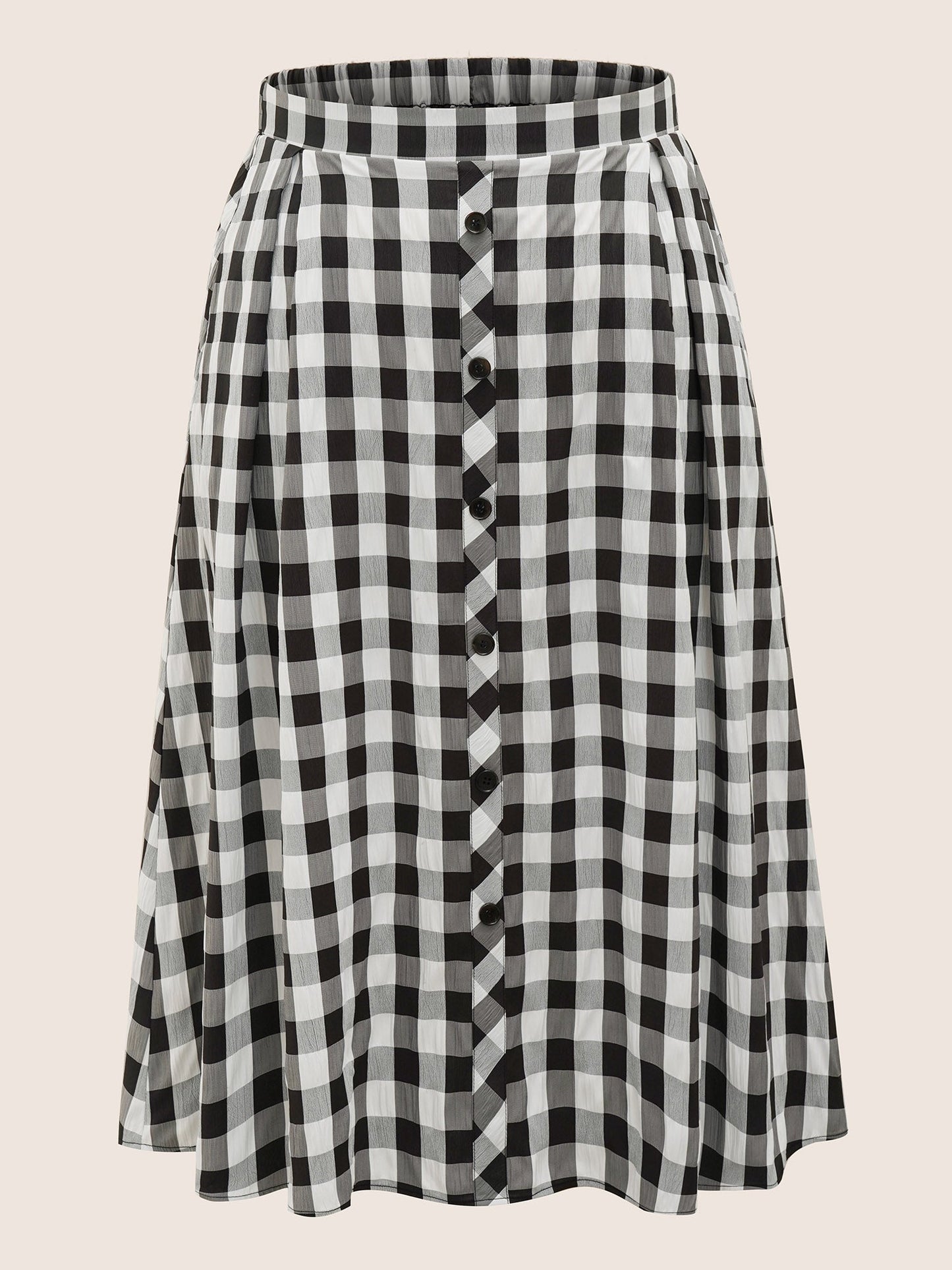 Gingham Button Detail Elastic Waist Pocket Skirt