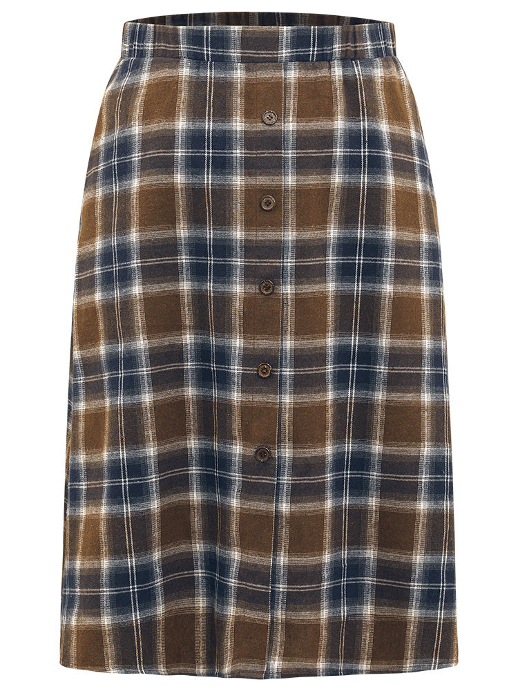 Plaid Button Detail Elastic Waist Woven Skirt