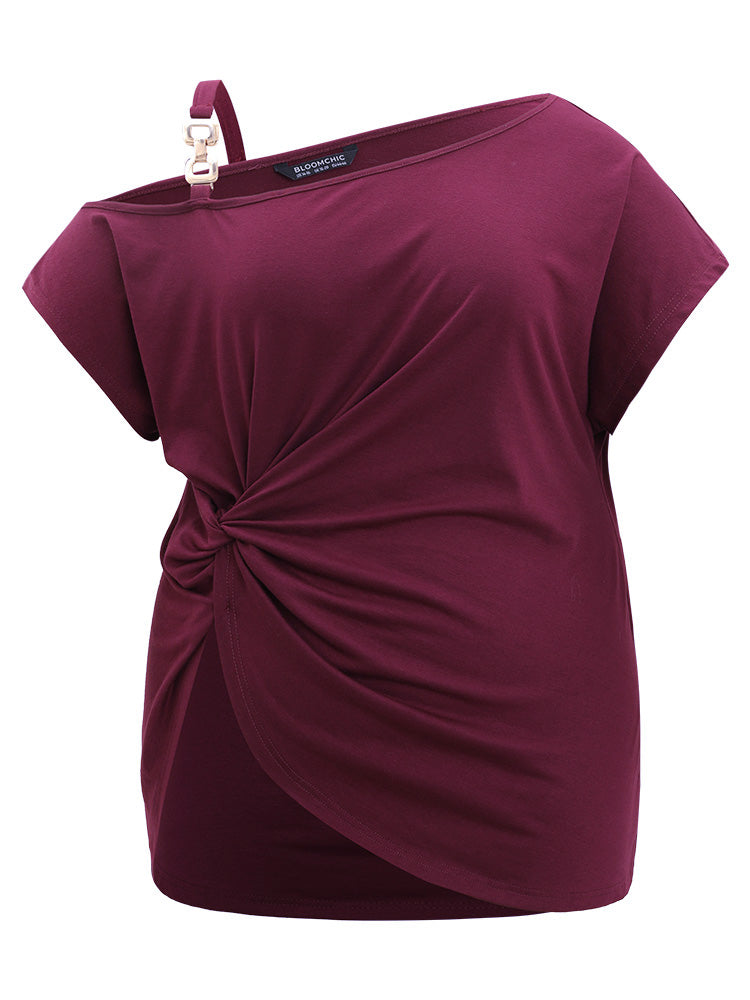Metal Detail Twist Hem Asymmetrical One Shoulder T-shirt