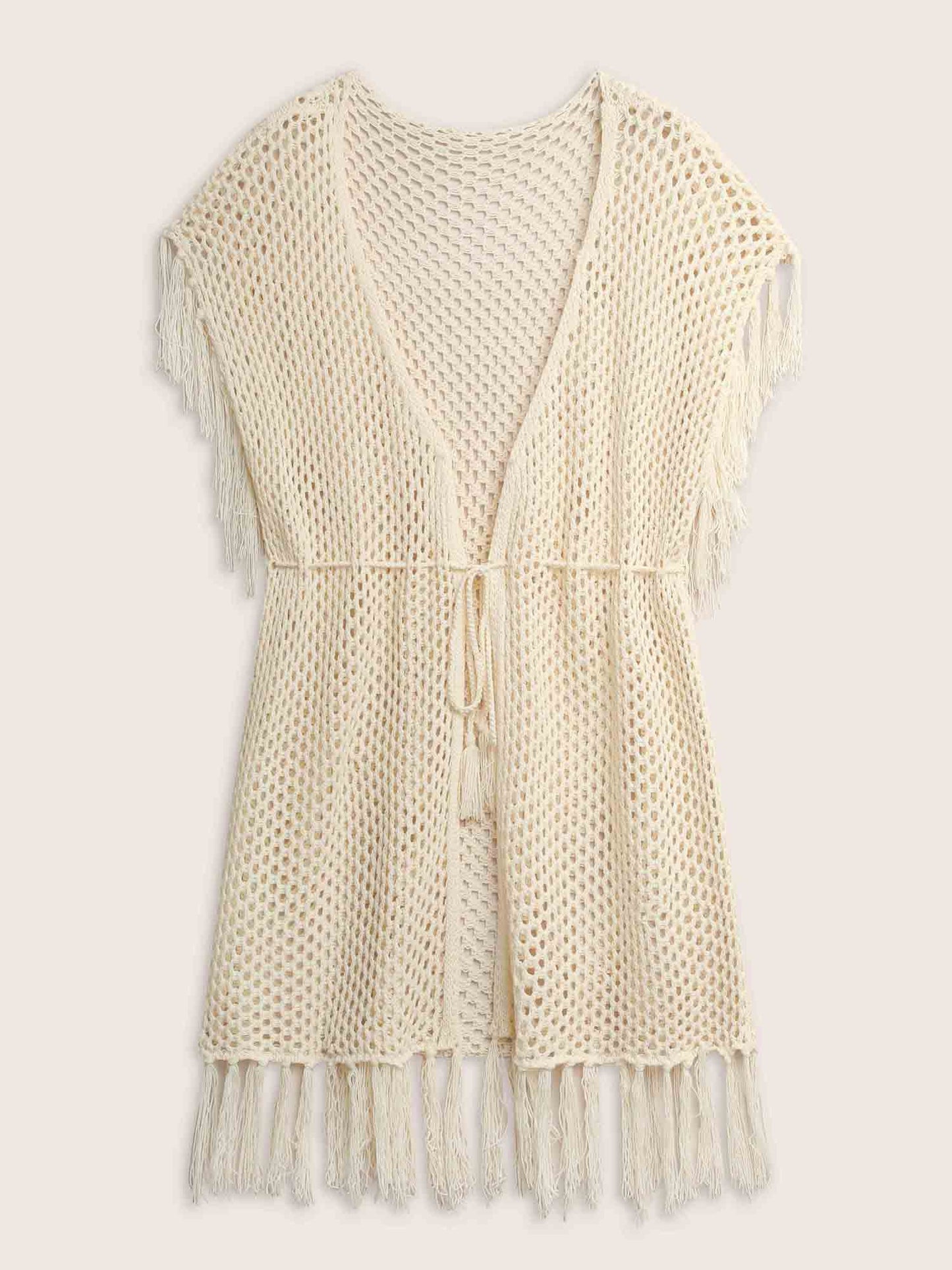 Solid Cut Out Drawstring Tassel Trim Swim Cover Up