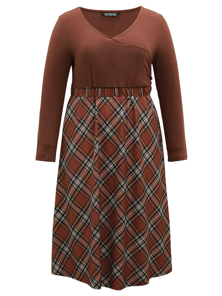 Plaid Elastic Waist Patchwork Rib Knit Dress