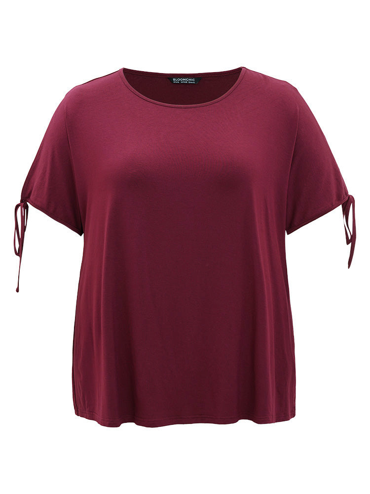 Plain Cut Out Ties Crew Neck Dolman Sleeve T-shirt