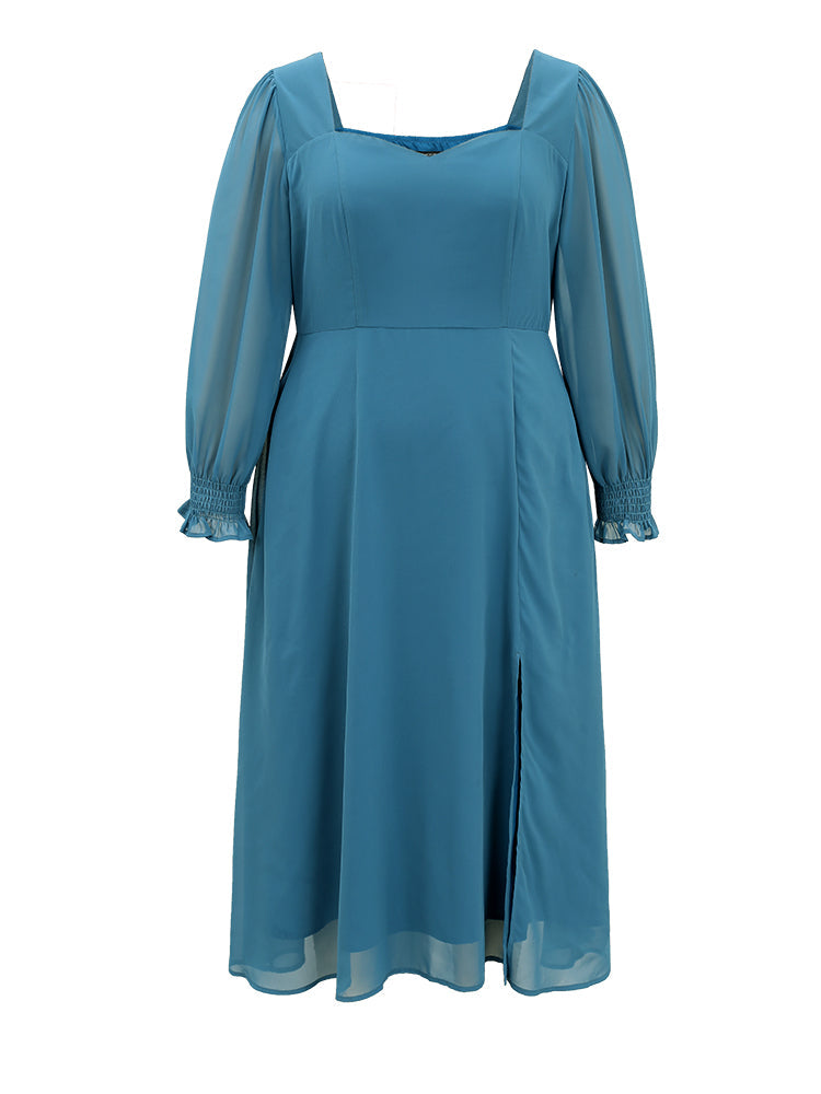 Chiffon Square Neck Shirred Lantern Sleeve Split Hem Dress