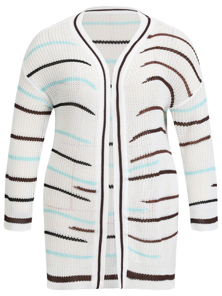 Striped Open Front Contrast Mesh Cardigan