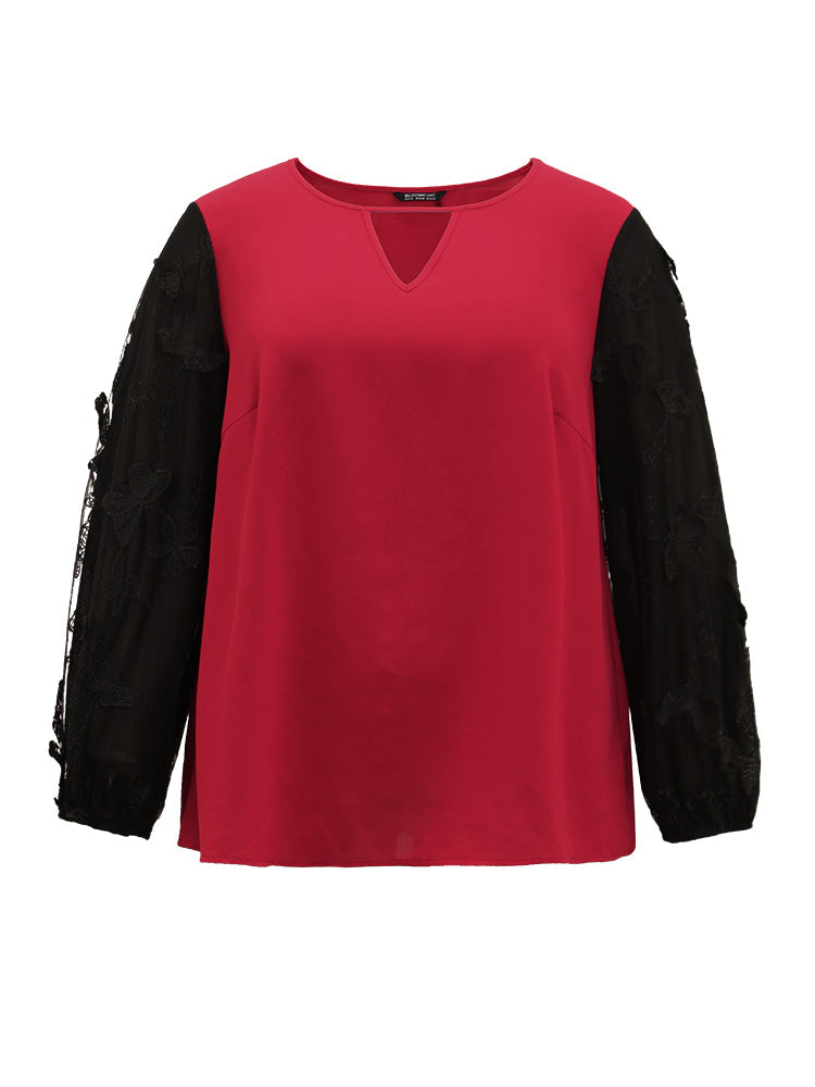 Butterfly Plisse Patchwork Keyhole Blouse