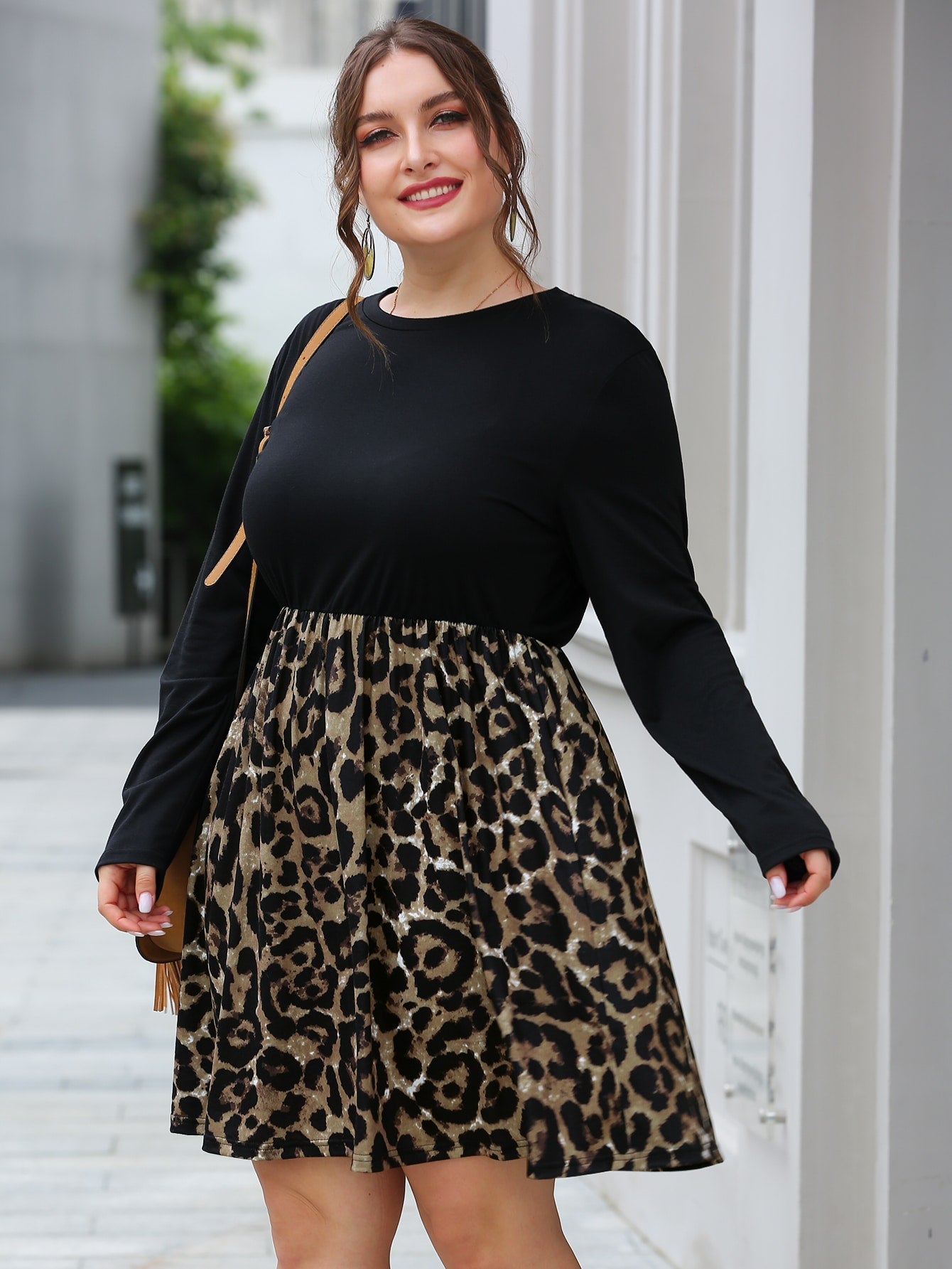Contrast Leopard Panel A-line Dress