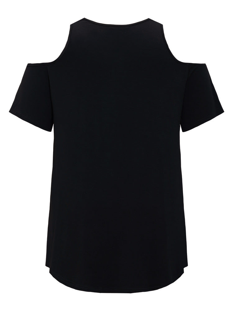 Plain Asymmetrical Hem Keyhole Crossover Front Cold Shoulder T-shirt