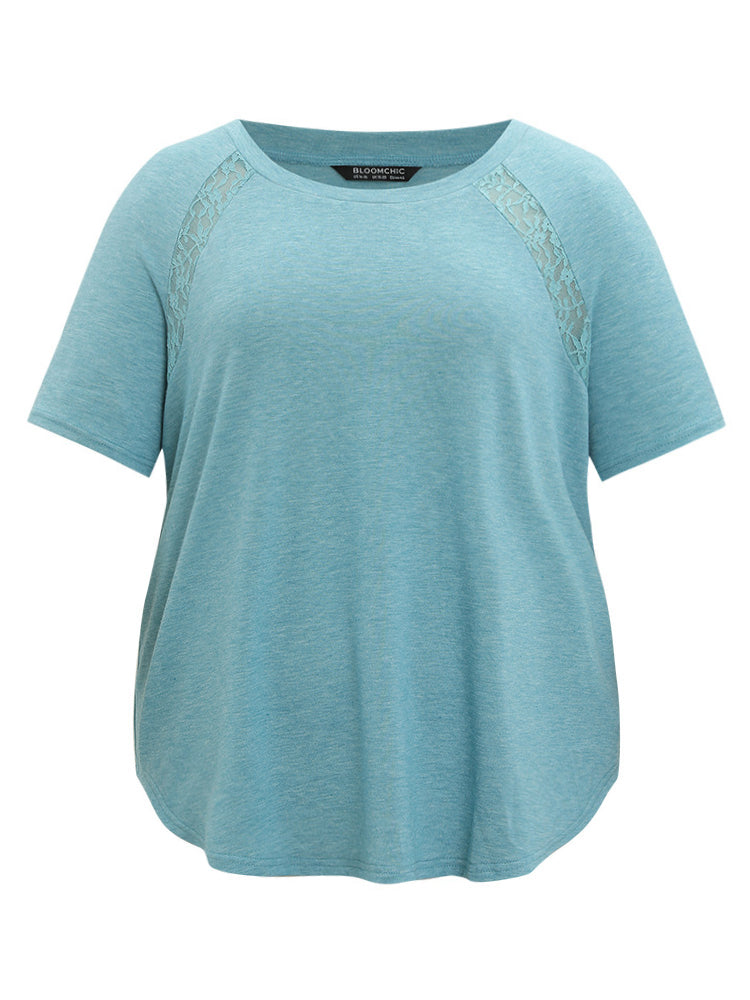 Contrast Lace Curved Hem Raglan Sleeve Sleep Top