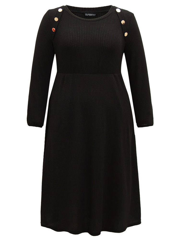 Solid Rib Knit Button Detail Elastic Waist Dress
