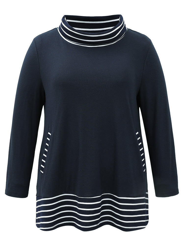 Striped Patchwork Pocket Turtleneck T-shirt