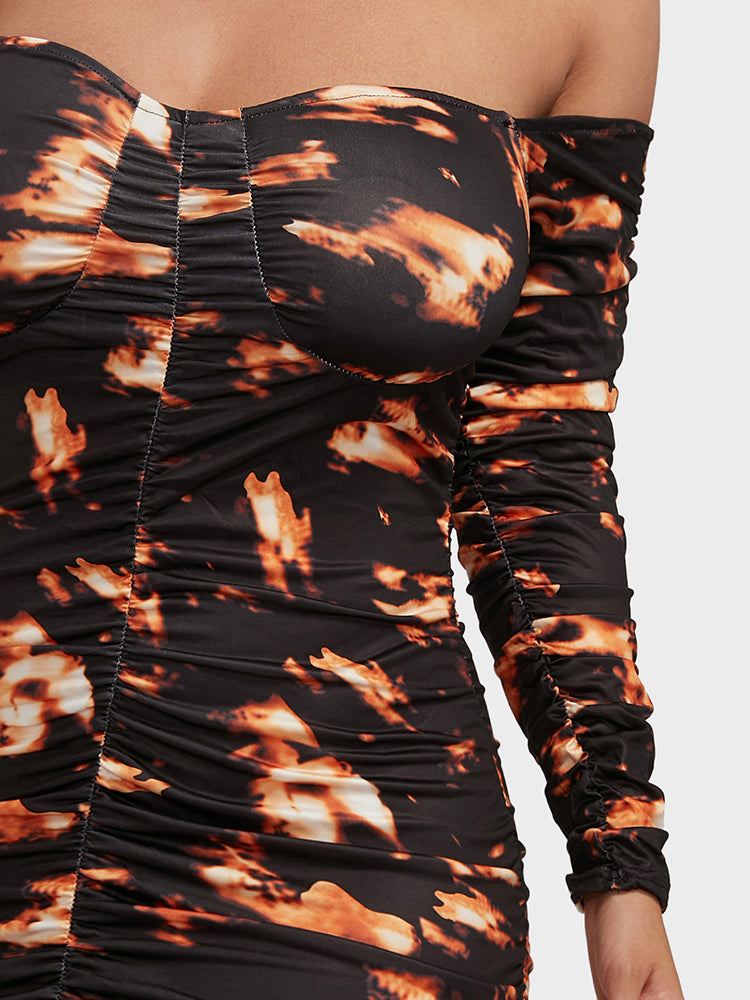 Fire Print Ruched Drawstring Bodycon Dress
