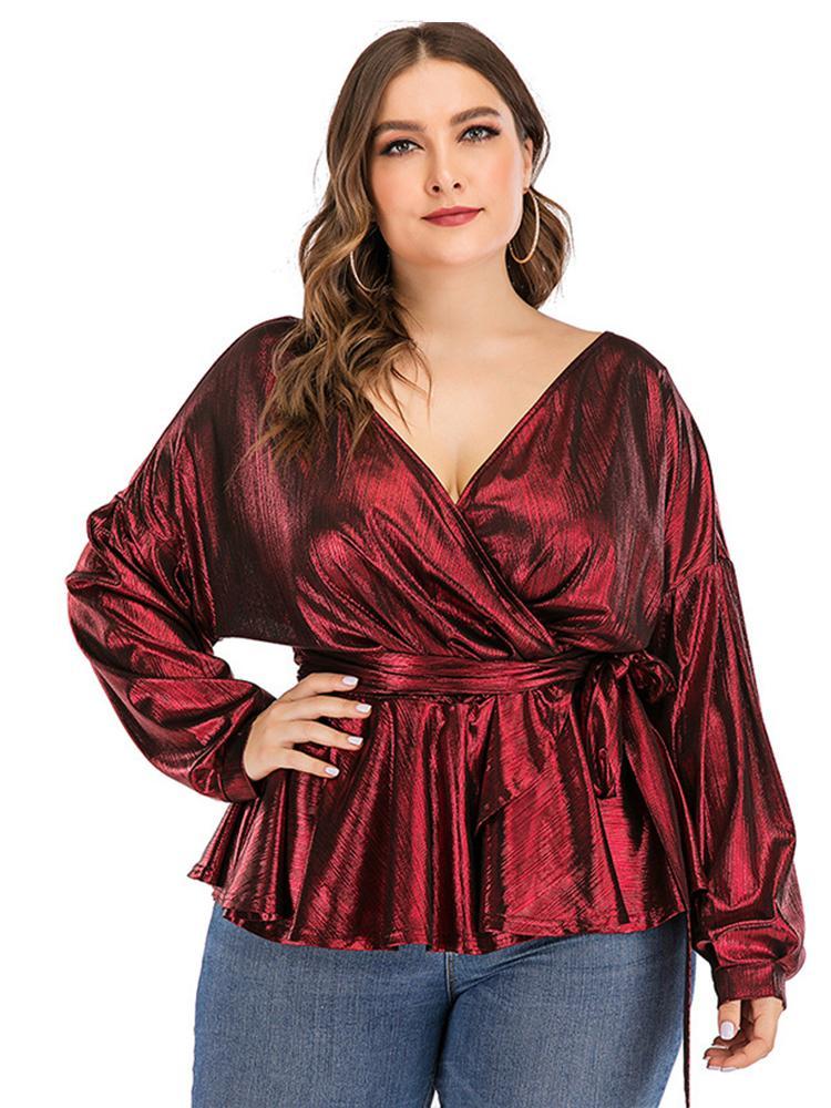 Glossy Wrap V-neck Top