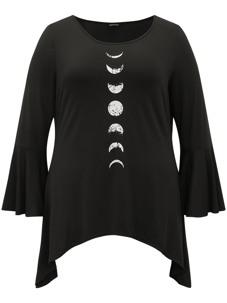 Halloween Moon Print Bell Sleeve Hanky Hem T-shirt