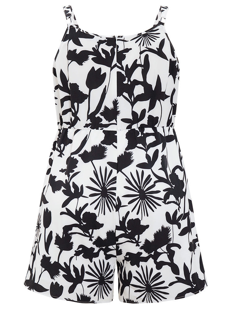 Tropical Print Pocket Knot Neck Cami Romper