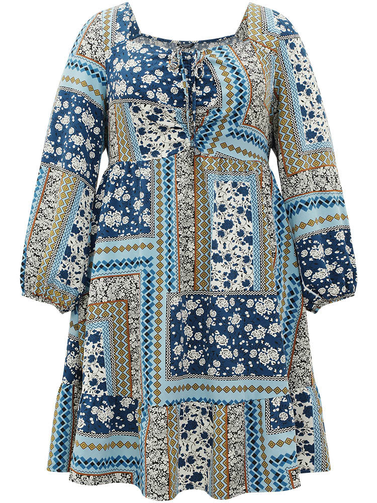 Bandana Print Patchwork Ties Pocket Lantern Sleeve Dress