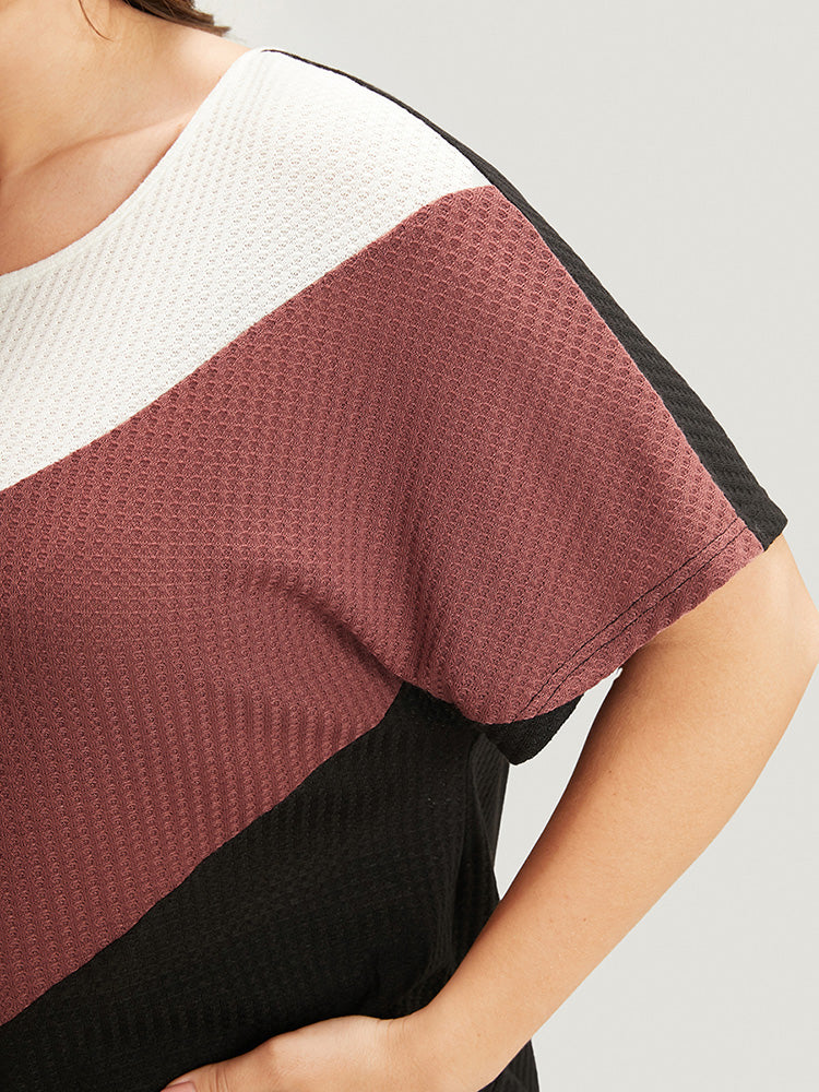 Colorblock Contrast Round Neck Dolman Sleeve Waffle Knit Tee