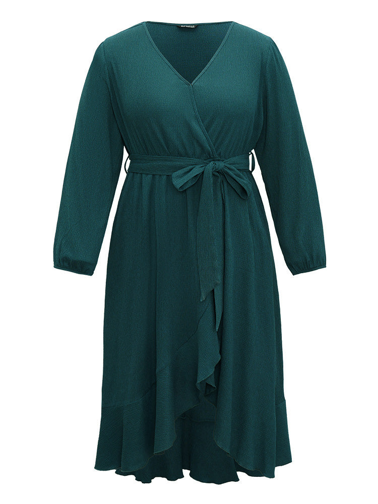 Plain Texture Belted Wrap Arc Hem Lantern Sleeve Dress
