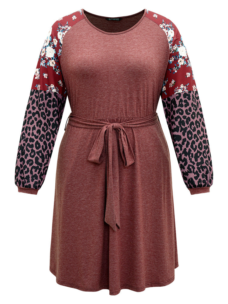 Floral Leopard Patchwork Belted Lantern Sleeve Dress