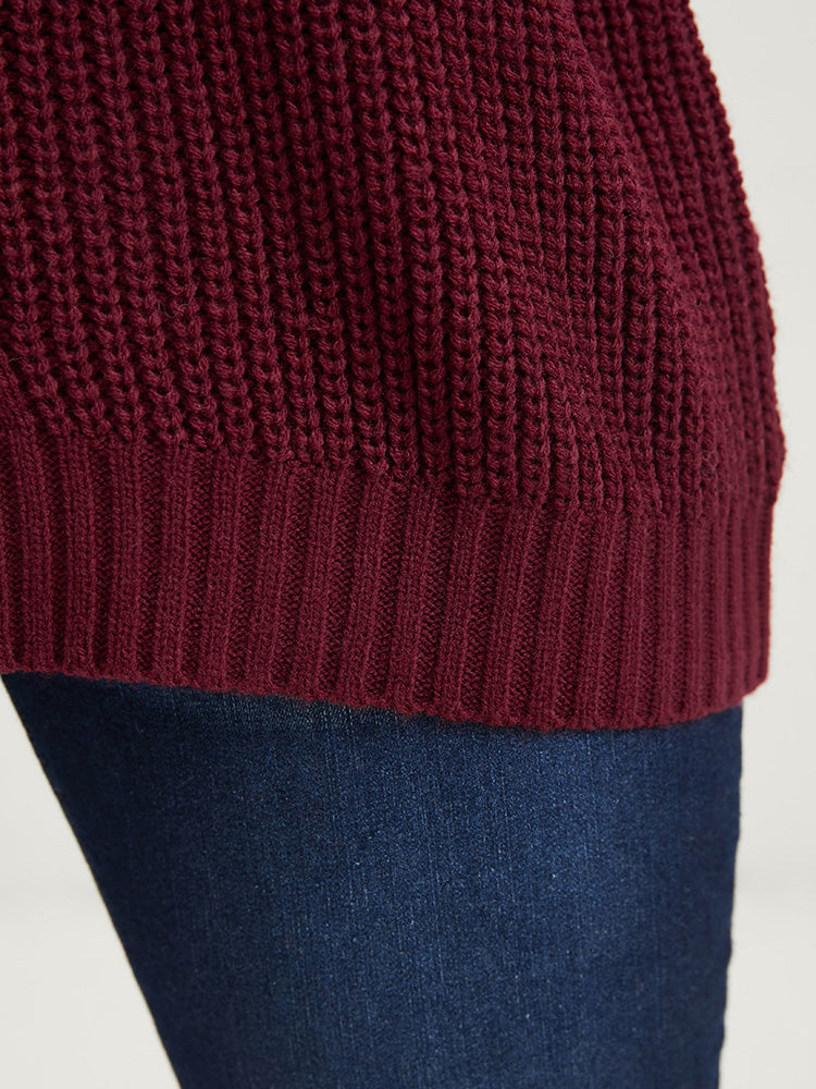 Solid Pointelle Knit V Neck Loose Geometric Cable Knit Top