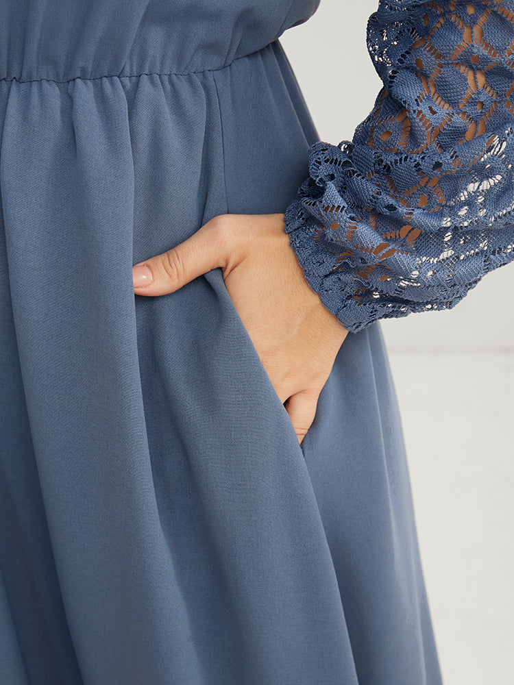 Plain Lantern Sleeve Button Detail Pocket Contrast Lace Dress