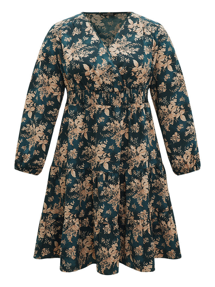 Silhouette Floral Print Surplice Neck Shirred Dress