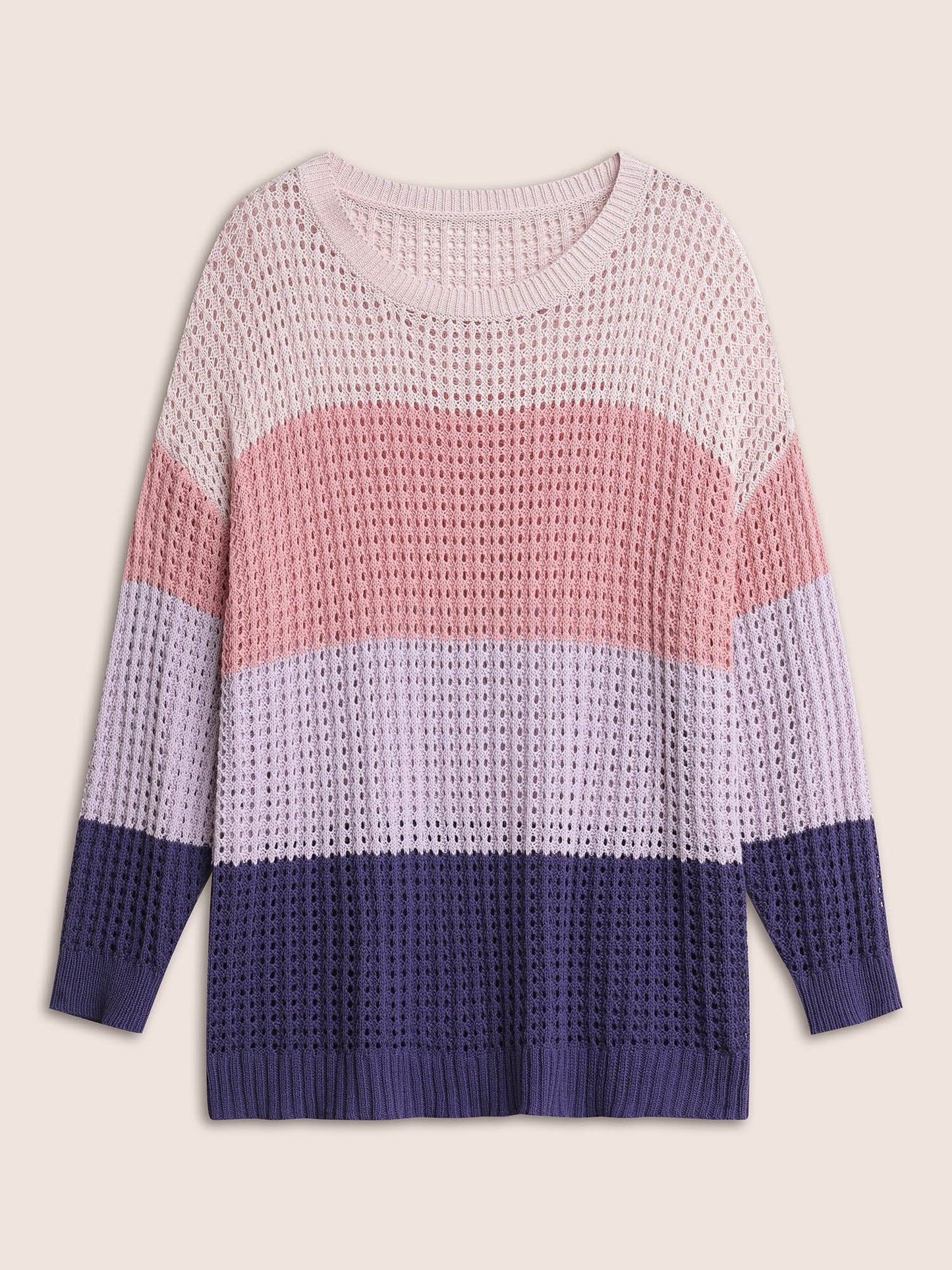 Colorblock Contrast Pointelle Knit Drop Shoulder Pullover