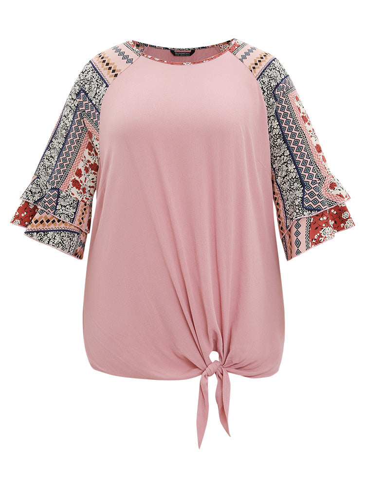 Bandana Patchwork Knotted Bell Sleeve Blouse