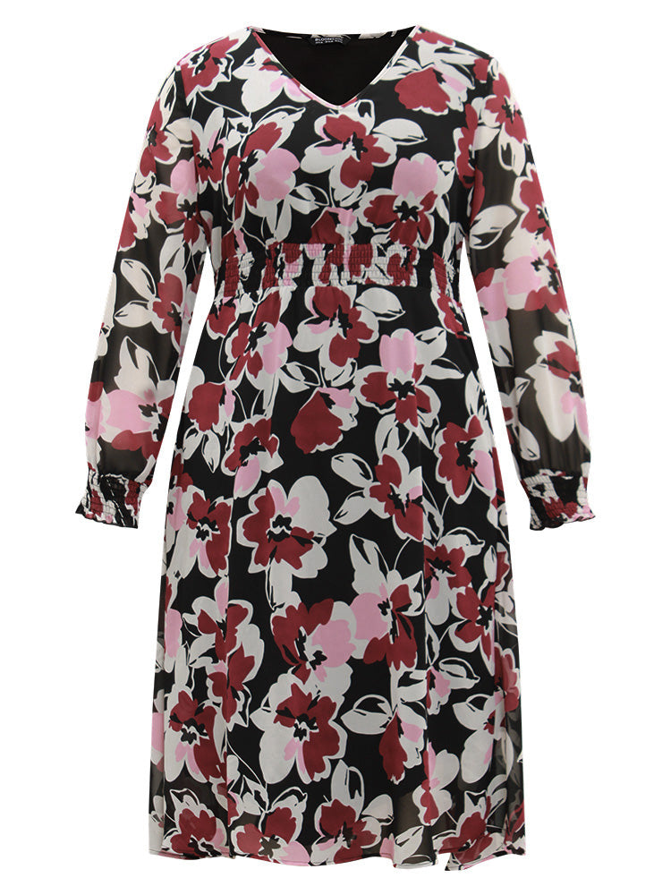 Floral Print Chiffon Shirred Elastic Cuffs Dress