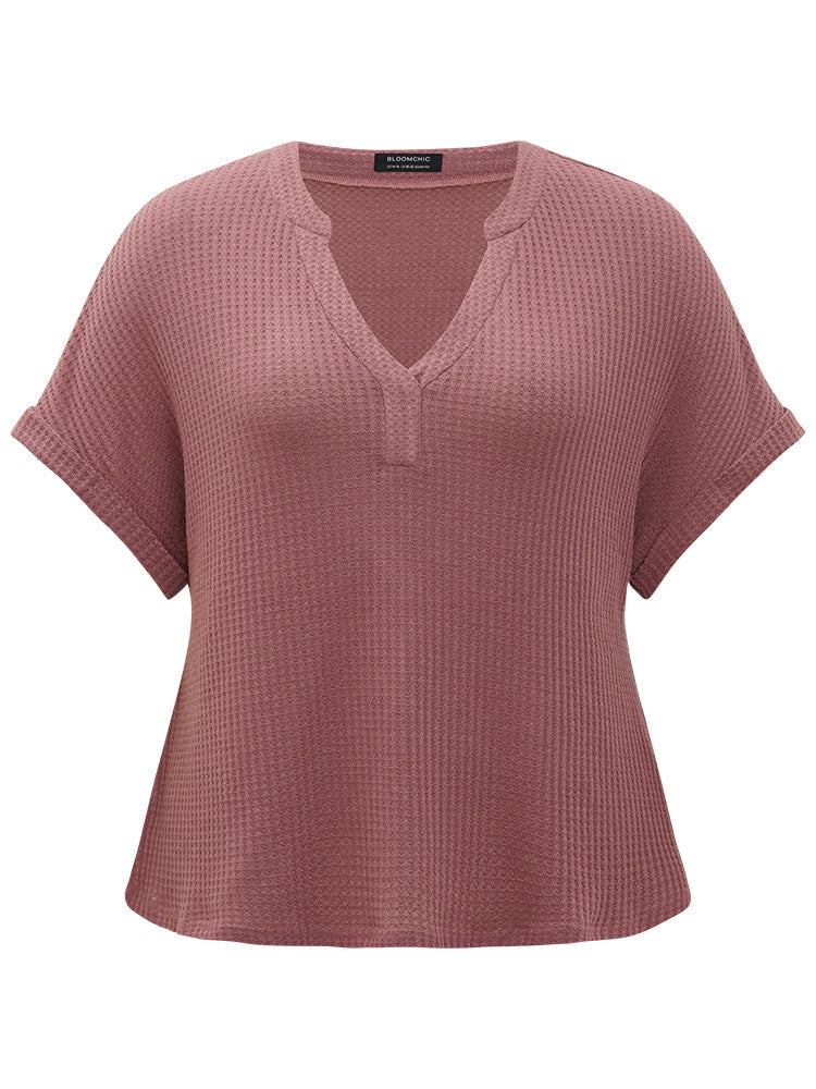 Waffle Knit Notched Roll Batwing Sleeve Sleep Top