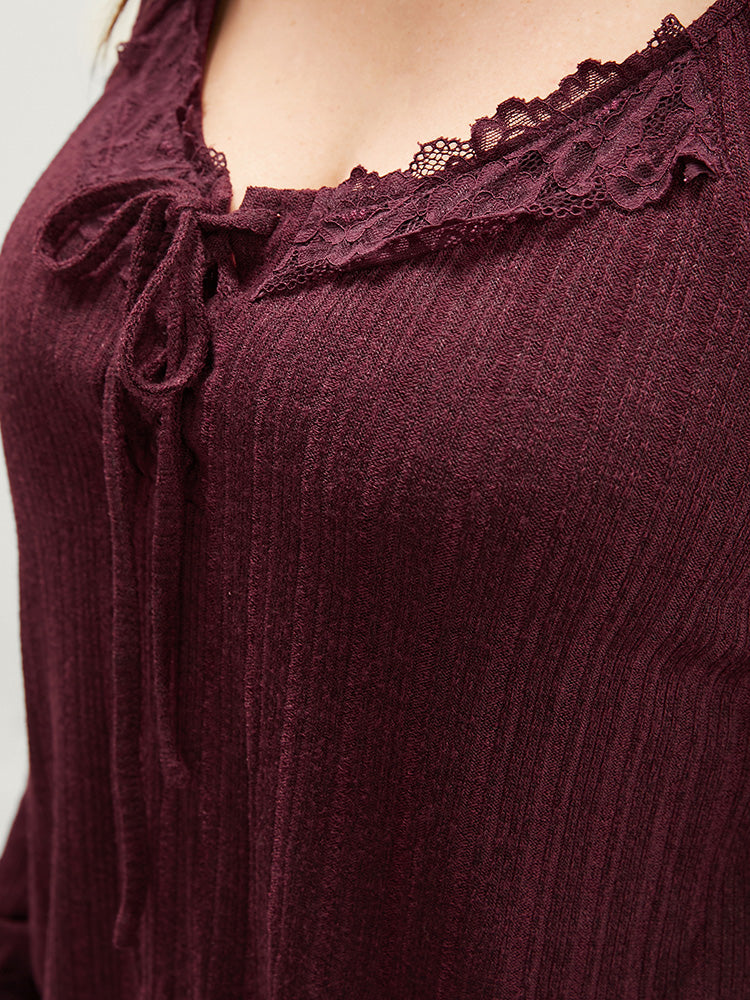 Solid Contrast Lace Ties Neck Long Tee
