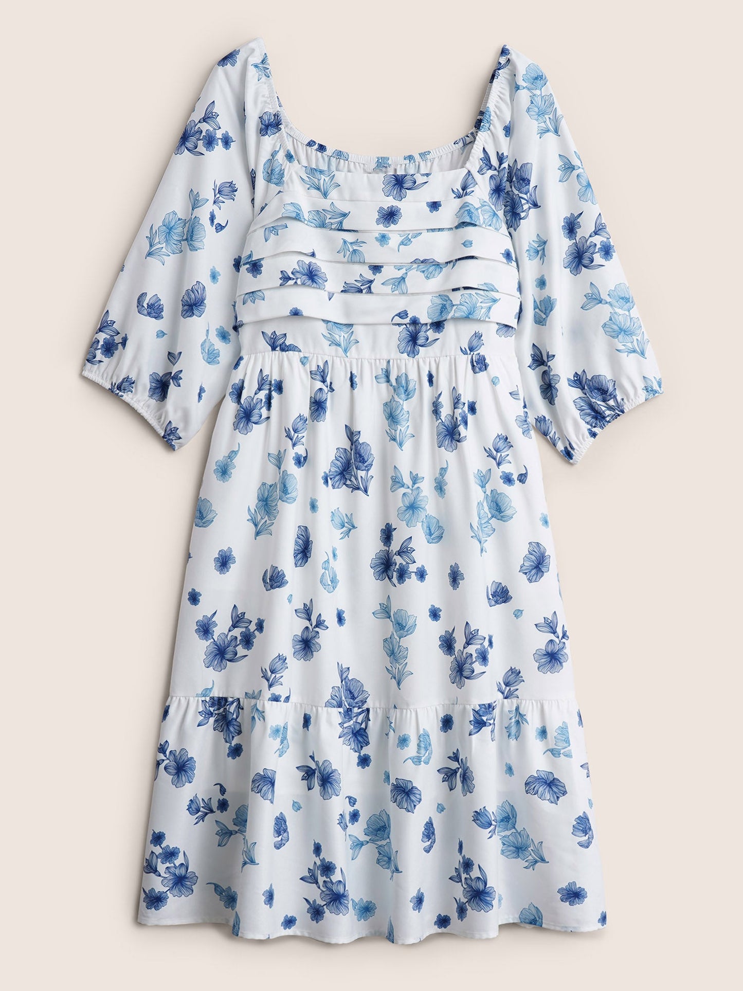 Square Neck Floral Print Pleated Lantern Sleeve Dress