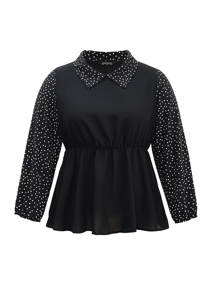 Polka Dot Patchwork Lapel Collar Elastic Waist Blouse