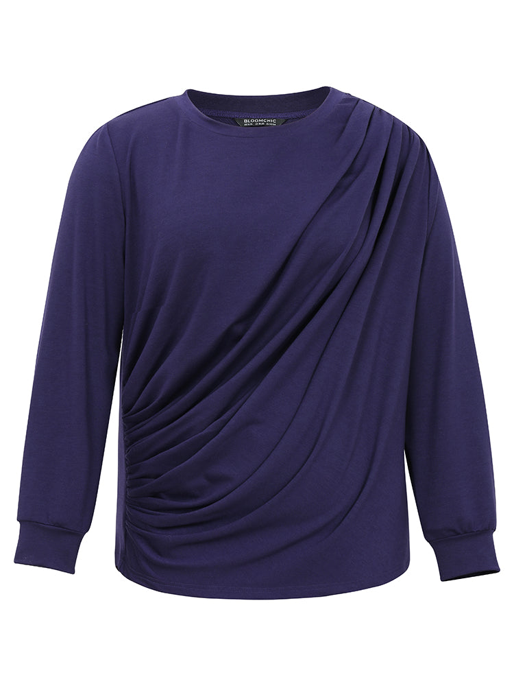 Plain Pleated Round Neck Slightly Stretchy Sweatshirt