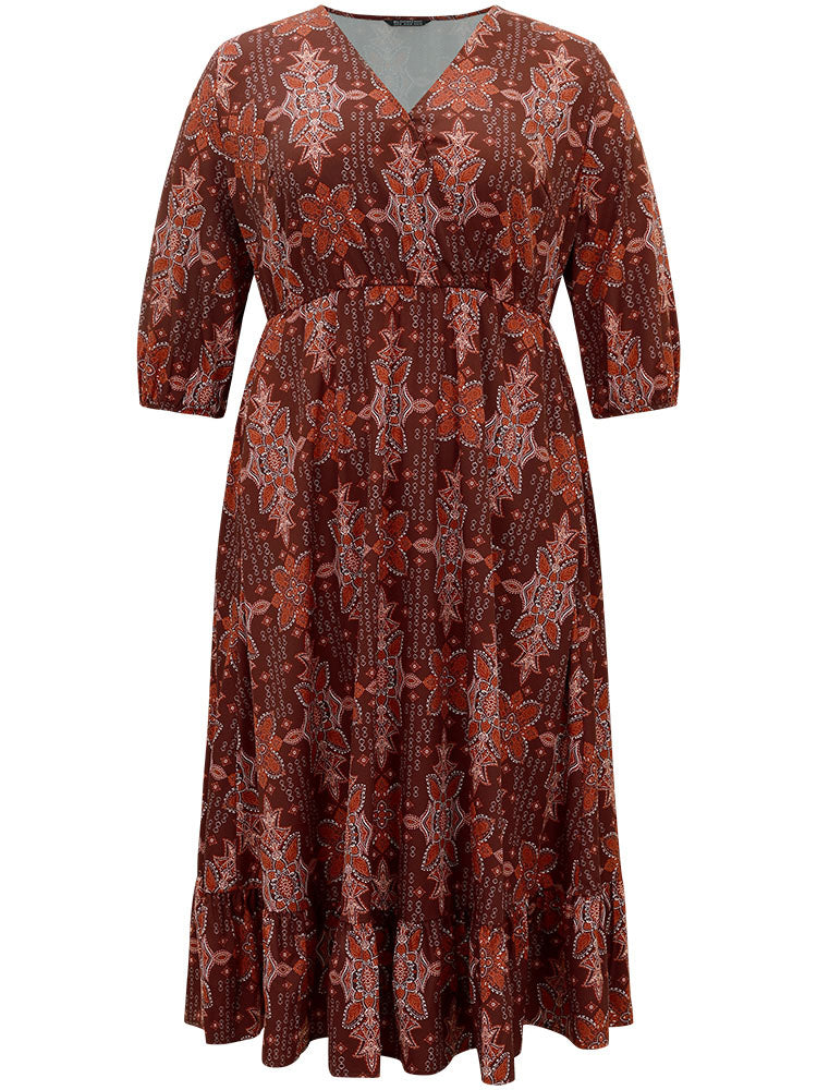 Christmas Boho Print Wrap Ruffle Layered Hem Dress