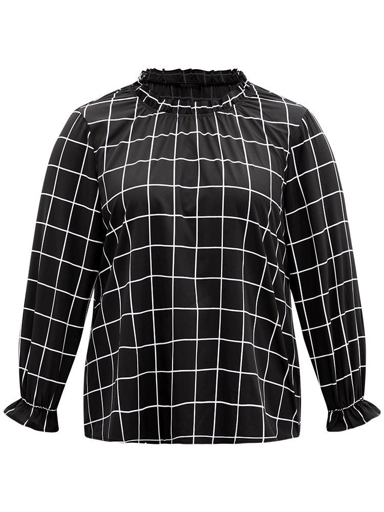 Plaid Stand Collar Ruffles Lantern Sleeve Blouse