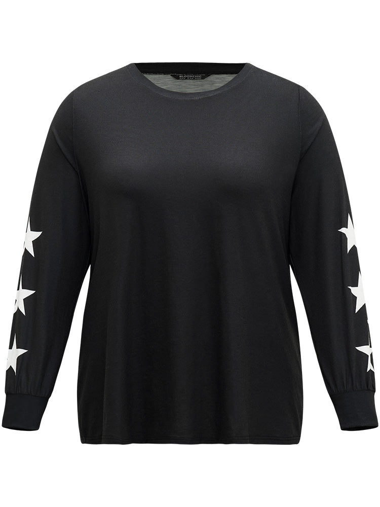 Star Print Long Sleeve Basic Sleep Top