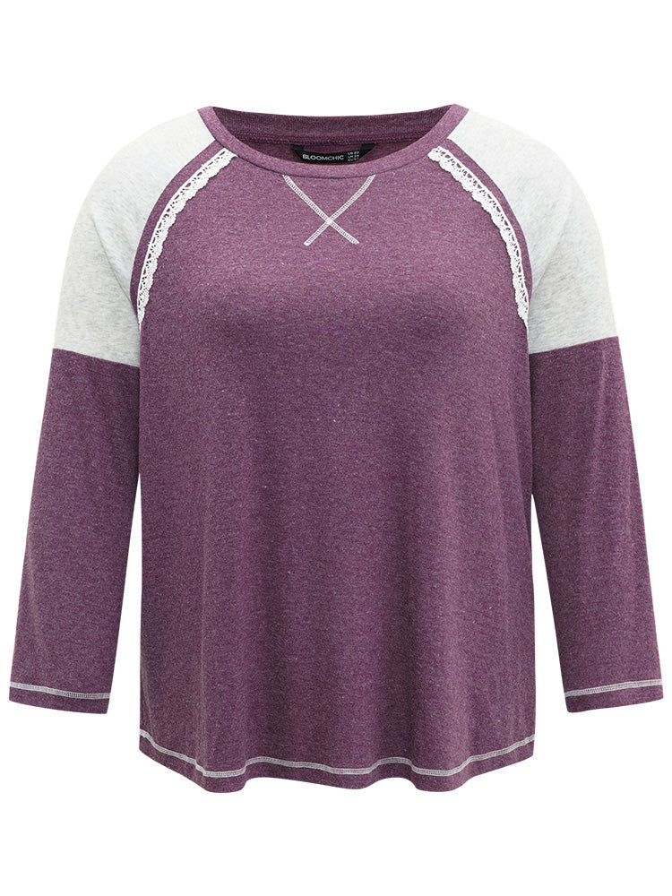 Two Tone Lace Trim Stitch Raglan Sleeve T-shirt