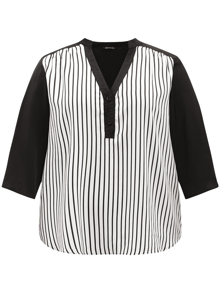 Striped Patchwork Tab Sleeve Blouse