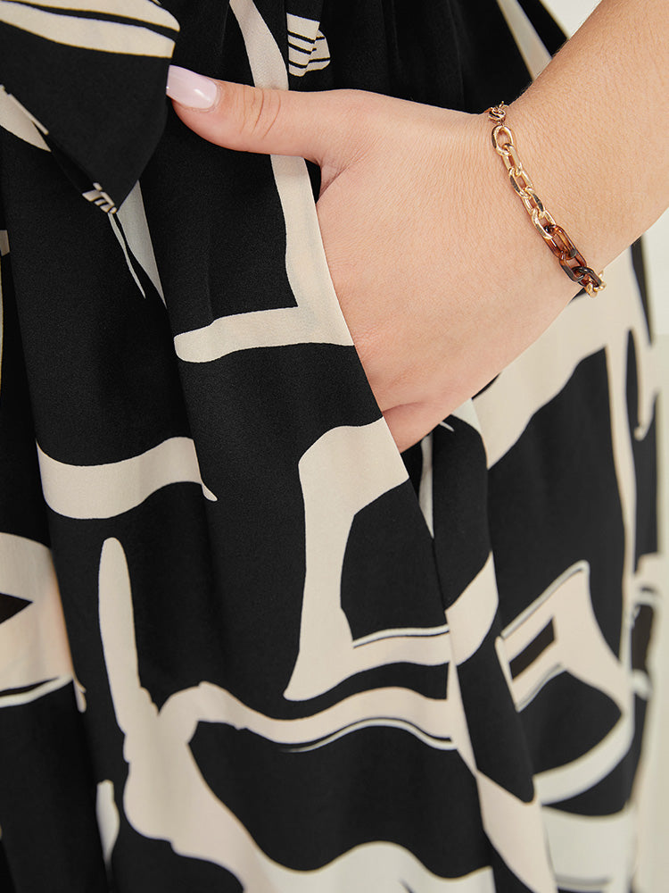 Geometric Patchwork Pocket Belt Square Neck Ruffles Dress