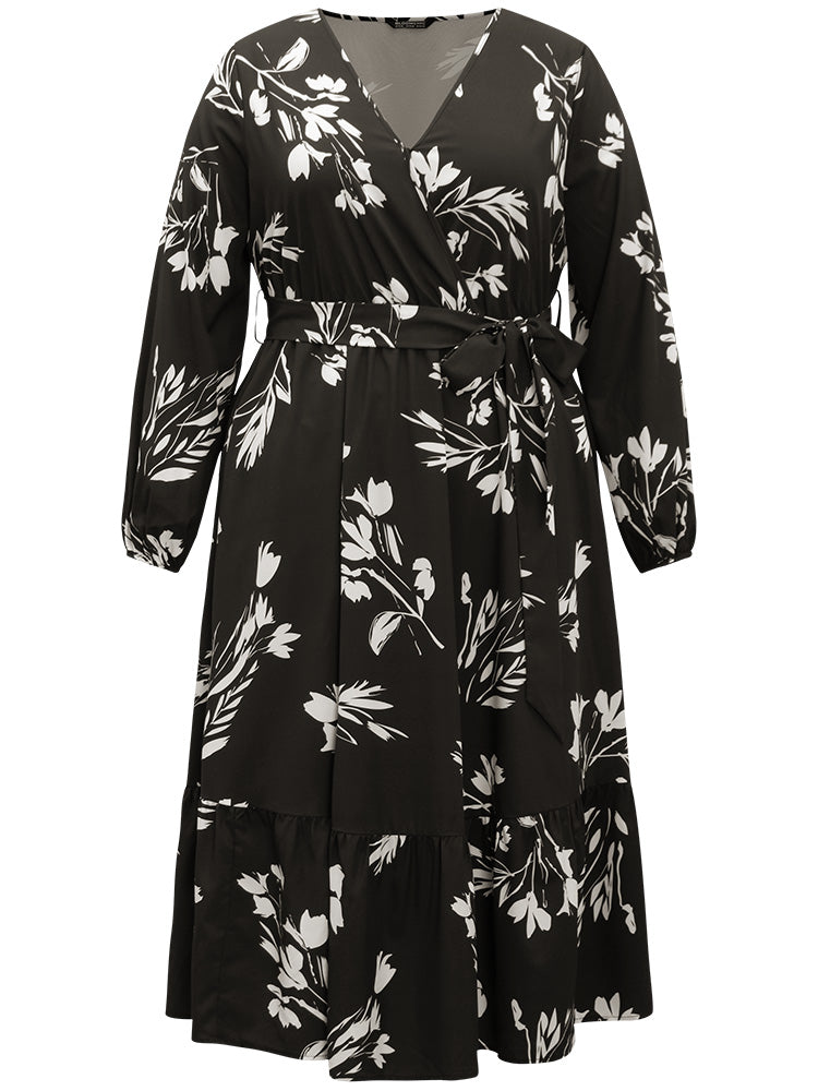 Silhouette Floral Print Overlap Collar Dress