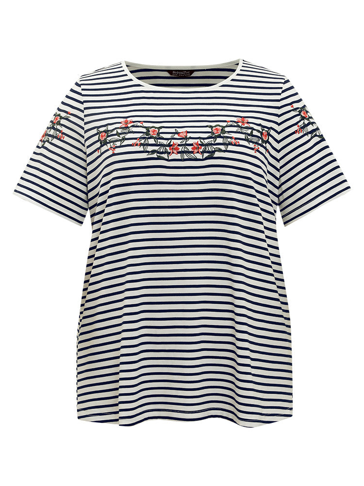 Floral Embroidered Slightly Stretchy Striped T-shirt