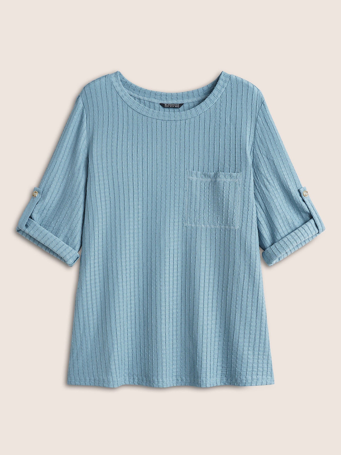 Plain Textured Patched Pocket Tab Sleeve T-shirt