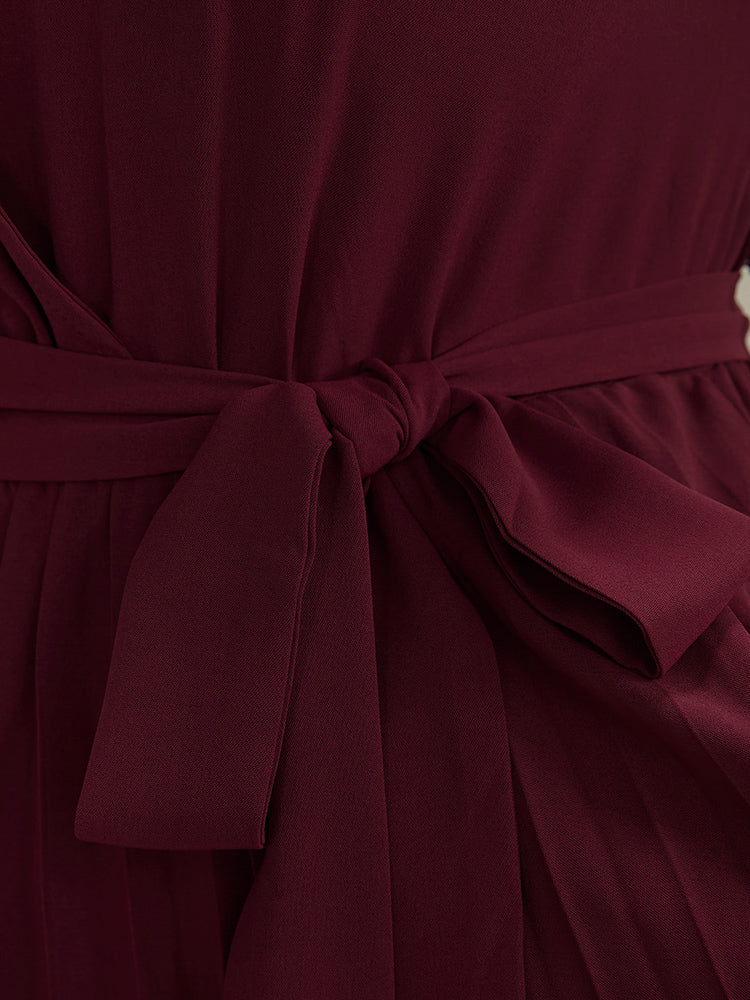 Solid Wrap Pocket Contrast Lace Belted Pleated Hem Dress