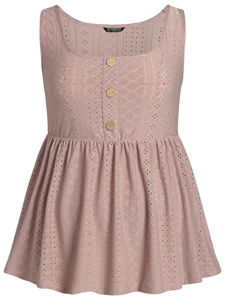 Plain Broderie Anglaise Gathered Button Detail Tank Top